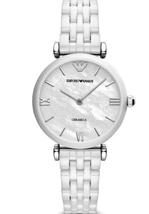 Buy Shop Emporio Armani Giannti T Bar Quartz Mother of Pearl Dial White Steel Strap Watch For Women - AR1485 USA Online