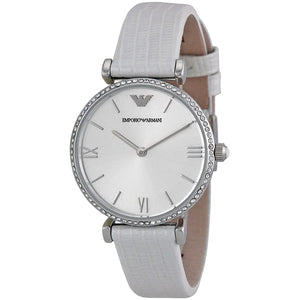 Buy Shop Emporio Armani Gianni T-Bar Silver Dial White Leather Strap Watch for Women - AR1680 USA Online