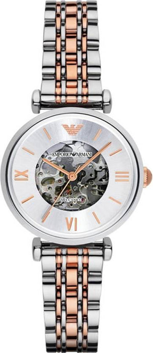 Buy Shop Emporio Armani Gianni T Bar Silver Skeleton Dial Two Tone Strap Watch For Women - AR1992 USA Online