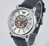 Buy Shop Emporio Armani Meccanico Silver Skeleton Dial Black Leather Watch For Men - AR1997 USA Online