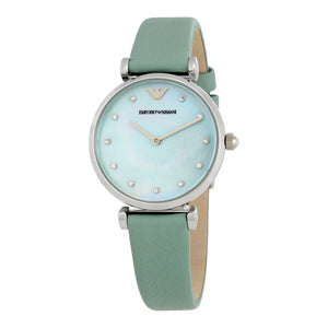 Buy Shop Emporio Armani Gianni T Bar Mother Of Pearl Blue Dial Blue Leather Strap Watch For Women - AR1959 USA Online