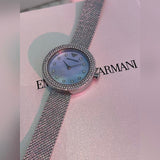 Emporio Armani Rosa Diamonds Mother of Pearl Blue Dial Silver Mesh Bracelet Watch For Women - AR11380