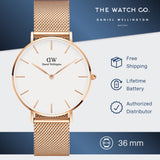 Daniel Wellington Petite Melrose White Dial Rose Gold Mesh Strap Watch For Women - DW00100305