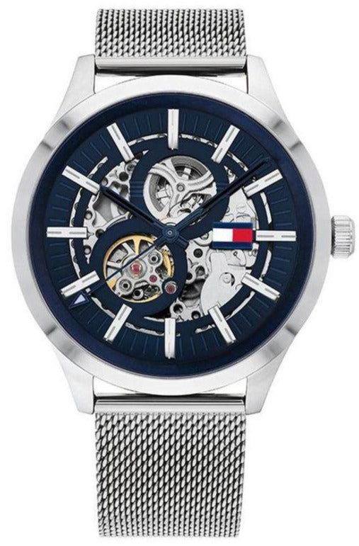Buy Shop Tommy Hilfiger Spencer Skeleton Black Dial Silver Mesh Bracelet Watch for Men - 1791643 USA Online