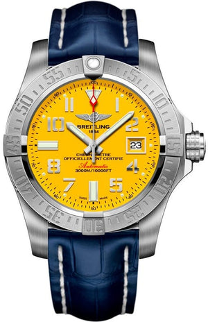 Buy Shop Breitling Avenger II Seawolf Yellow Dial Blue Leather Strap 45mm Mens Watch - A1733110/I519/112X USA Online