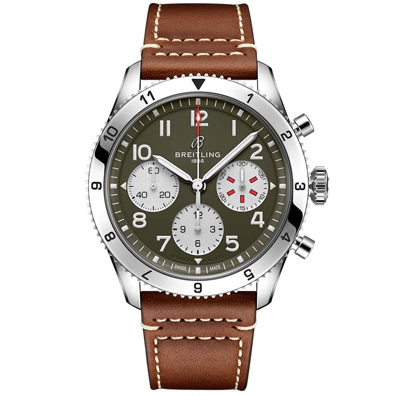 Buy Shop Breitling Avi Chronograph 42 Curtiss Warhawk Green Dial Brown Leather Strap Watch for Men - A233802A1L1X1 USA Online