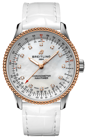 Buy Shop Breitling Navitimer Automatic 35 Mother of Pearl Dial White Leather Strap Watch for Women - U17395211A1P3 USA Online