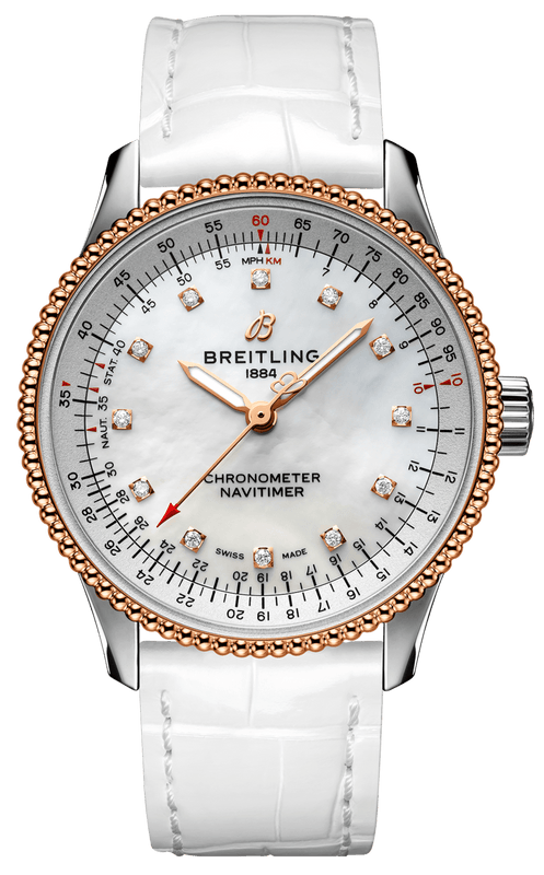 Buy Shop Breitling Navitimer Automatic 35 Mother of Pearl Dial White Leather Strap Watch for Women - U17395211A1P3 USA Online