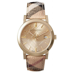 Buy Shop Burberry The City Gold Dial Haymarket Brown Leather Strap Watch for Women - BU9026 USA Online