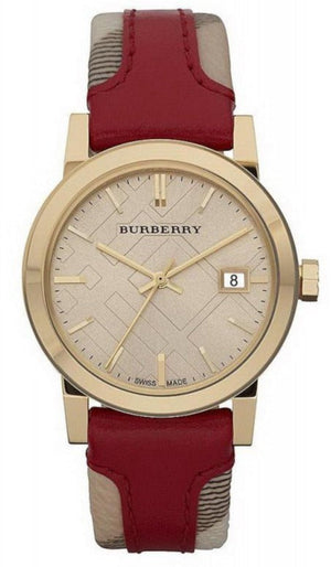 Burberry Heritage Nova Gold Dial Haymarket Red Leather Strap Watch for Women - BU9111