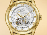 Buy Shop Bulova BVA Skeleton Silver Dial Gold Steel Strap Watch for Men - 97A108 USA Online
