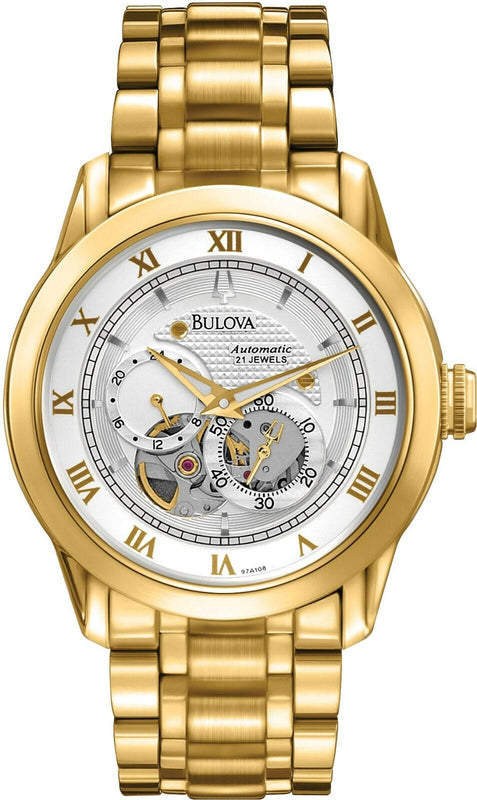 Buy Shop Bulova BVA Skeleton Silver Dial Gold Steel Strap Watch for Men - 97A108 USA Online