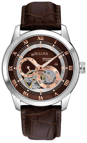 Buy Shop Bulova Classic Skeleton Automatic Brown Dial Brown Leather Strap Watch for Men - 96A120 USA Online
