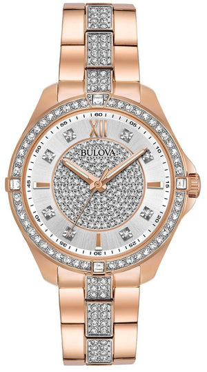Buy Shop Bulova Crystal Collection Silver Dial Rose Gold Steel Strap Watch for Women - 98L229 USA Online