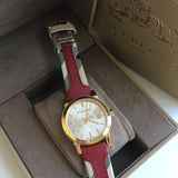 Burberry Heritage Nova Gold Dial Haymarket Red Leather Strap Watch for Women - BU9111