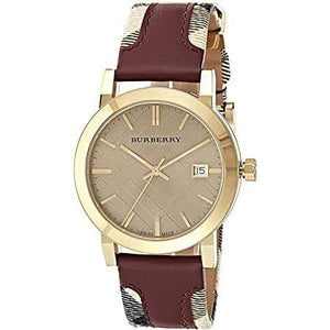 Buy Shop Burberry Heritage Nova Gold Dial Haymarket Red Leather Strap Watch for Women - BU9111 USA Online