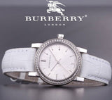 Burberry The City Diamonds Silver Dial White Leather Strap Watch for Women - BU9222