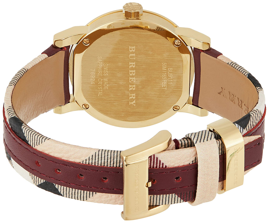 Buy Shop Burberry Heritage Nova Gold Dial Haymarket Red Leather Strap Watch for Women - BU9111 USA Online