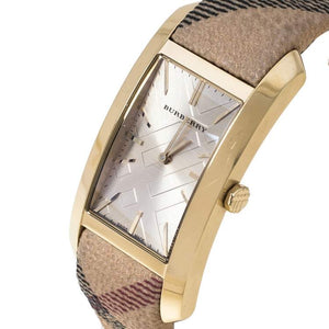 Buy Shop Burberry Pioneer Champagne Dial Haymarket Beige Leather Strap Watch for Women - BU9407 USA Online