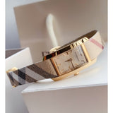 Buy Shop Burberry Pioneer Gold Dial Haymarket Beige Leather Strap Watch for Women - BU9509 USA Online