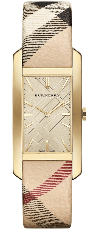 Buy Shop Burberry Pioneer Gold Dial Haymarket Beige Leather Strap Watch for Women - BU9509 USA Online