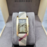 Burberry Pioneer Gold Dial Haymarket Beige Leather Strap Watch for Women - BU9509