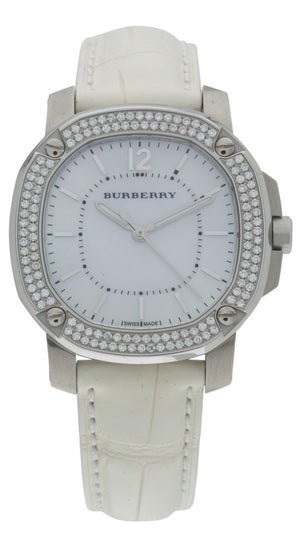 Buy Shop Burberry The Britain Diamonds Mother of Pearl Dial White Leather Strap Watch for Women - BBY1800 USA Online