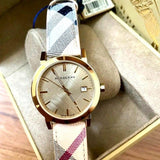 Buy Shop Burberry The City Gold Dial Haymarket Brown Leather Strap Watch for Women - BU9026 USA Online