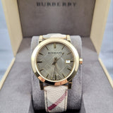Buy Shop Burberry The City Gold Dial Haymarket Brown Leather Strap Watch for Women - BU9026 USA Online