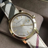 Buy Shop Burberry The City Gold Dial Haymarket Brown Leather Strap Watch for Women - BU9026 USA Online