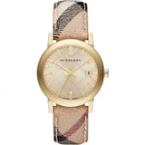 Buy Shop Burberry The City Gold Dial Haymarket Brown Leather Strap Watch for Women - BU9219 USA Online