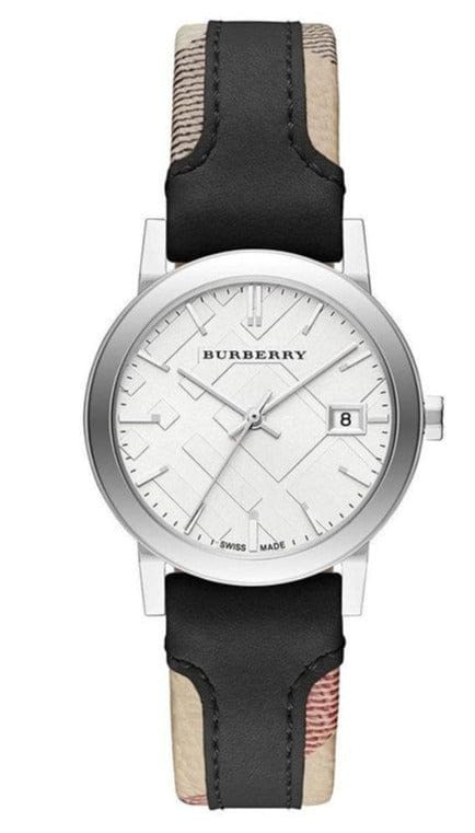 Buy Shop Burberry The City White Dial Black Haymarket Leather Strap Watch for Women - BU9150 USA Online