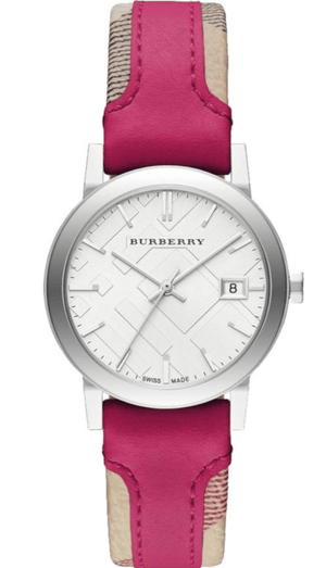 Buy Shop Burberry The City White Dial Haymarket Pink Leather Strap Watch for Women - BU9149 USA Online