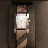 Buy Shop Burberry The Pioneer Silver Dial Haymarket Beige Leather Strap Watch for Women - BU9406 USA Online