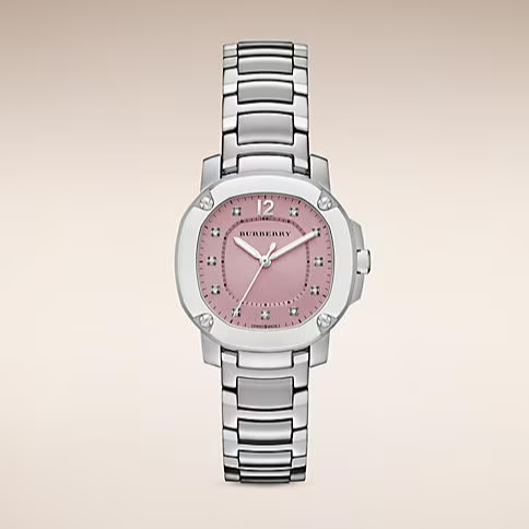 Buy Shop Burberry The Britain Diamonds Pink Dial Silver Steel Strap Watch for Women - BBY1805 USA Online