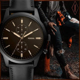 Buy Shop Fossil Goodwin Chronograph Black Dial Black Leather Strap Watch for Men - FS5585 USA Online