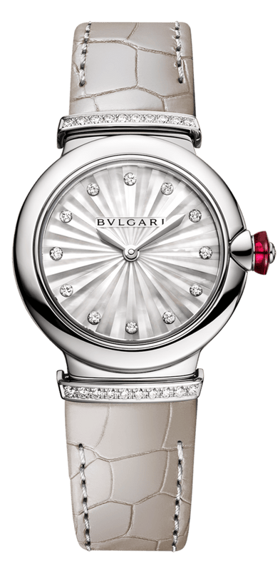 Buy Shop Bvlgari LVCEA Diamonds Silver Mother of Pearl Dial Silver Leather Strap Watch for Women - LVCEA103367 USA Online