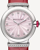 Buy Shop Bvlgari Lvcea Intarsio Diamonds Mother of Pearl Pink Dial Red Leather Strap Watch for Women - LVCEA103619 USA Online