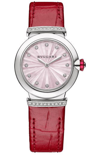 Buy Shop Bvlgari Lvcea Intarsio Diamonds Mother of Pearl Pink Dial Red Leather Strap Watch for Women - LVCEA103619 USA Online