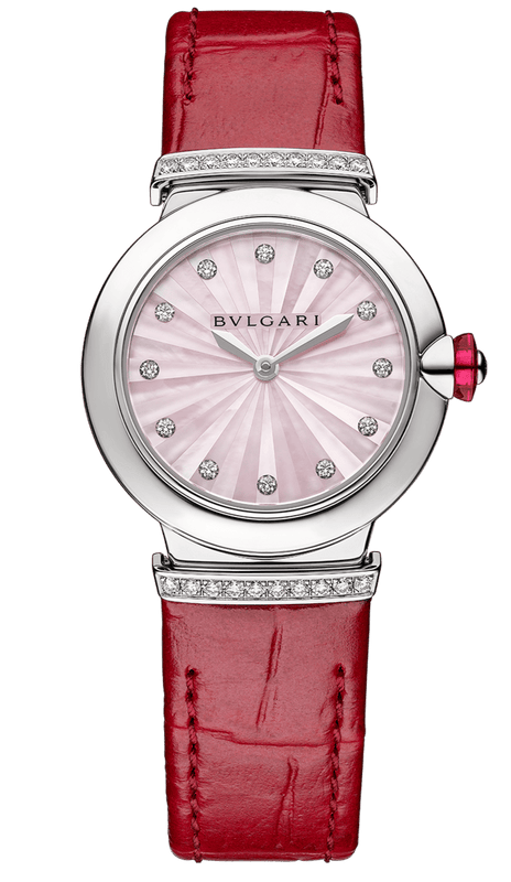 Buy Shop Bvlgari Lvcea Intarsio Diamonds Mother of Pearl Pink Dial Red Leather Strap Watch for Women - LVCEA103619 USA Online