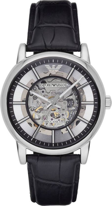 Buy Shop Emporio Armani Luigi Silver Skeleton Dial Black Leather Strap Watch For Men - AR1981 USA Online