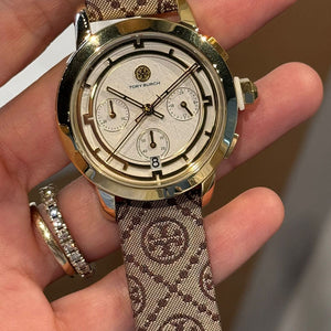 Buy Shop Tory Burch The Tory Chronograph White Dial Maroon Jacquard Strap Watch for Women - TBW1051 USA Online