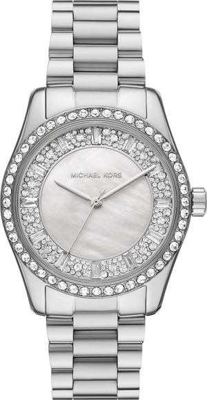 Buy Shop Michael Kors Lexington Lux Three Hand Mother of Pearl Silver Dial Silver Steel Strap Watch for Women - MK7445 USA Online