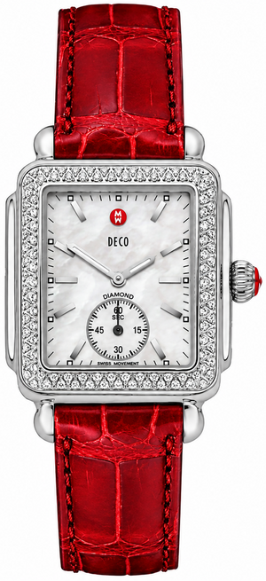 Buy Shop Michele Deco Silver Dial Red Leather Strap Watch For Women - MWW06V000007 USA Online