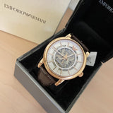 Buy Shop Emporio Armani Meccanico Silver Skeleton Dial Brown Leather Strap Watch For Men - AR1983 USA Online