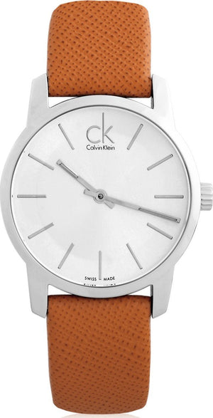 Buy Shop Calvin Klein City Silver Dial Light Brown Leather Strap Watch For Women- K2G23120 USA Online