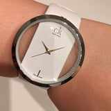Buy Shop Calvin Klein Glam Transparent Dial White Leather Strap Watch for Women - K9423101 USA Online