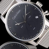 Calvin Klein City Chronograph Black Dial Silver Mesh Bracelet Watch for Men - K2G27121