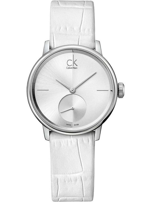 Buy Shop Calvin Klein Accent Silver Dial White Leather Strap Watch for Women - K2Y231K6 USA Online