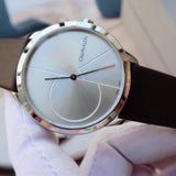 Calvin Klein Minimal Silver Dial Brown Leather Strap Watch for Men - K3M221G6